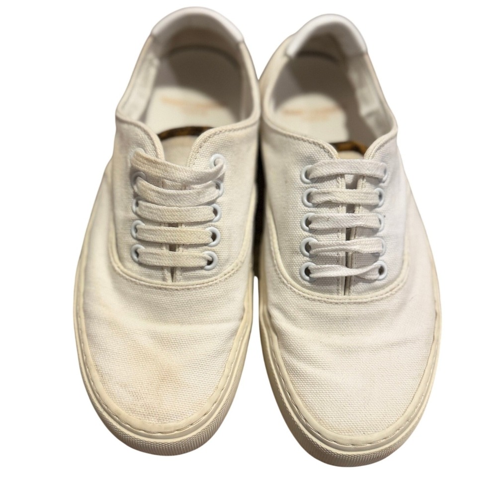 Saint Laurent Womens White Canvas Low Top Lace Up Sneaker Animal Print Detail